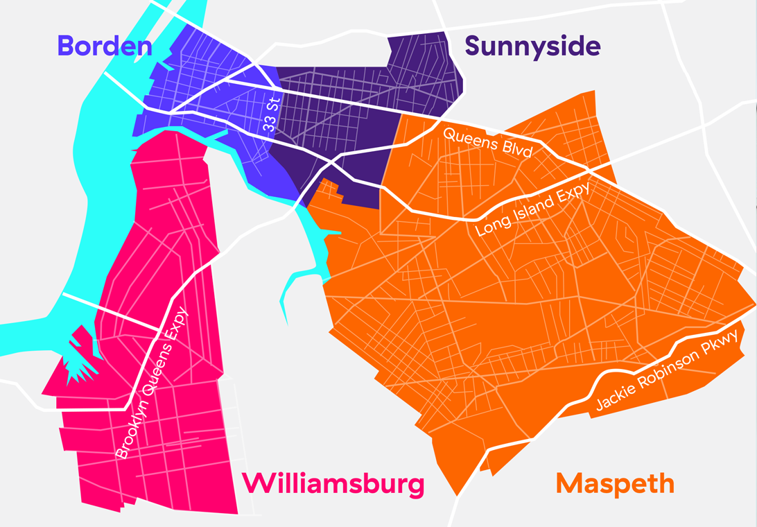 Map showing site locations in Brooklyn and Queens