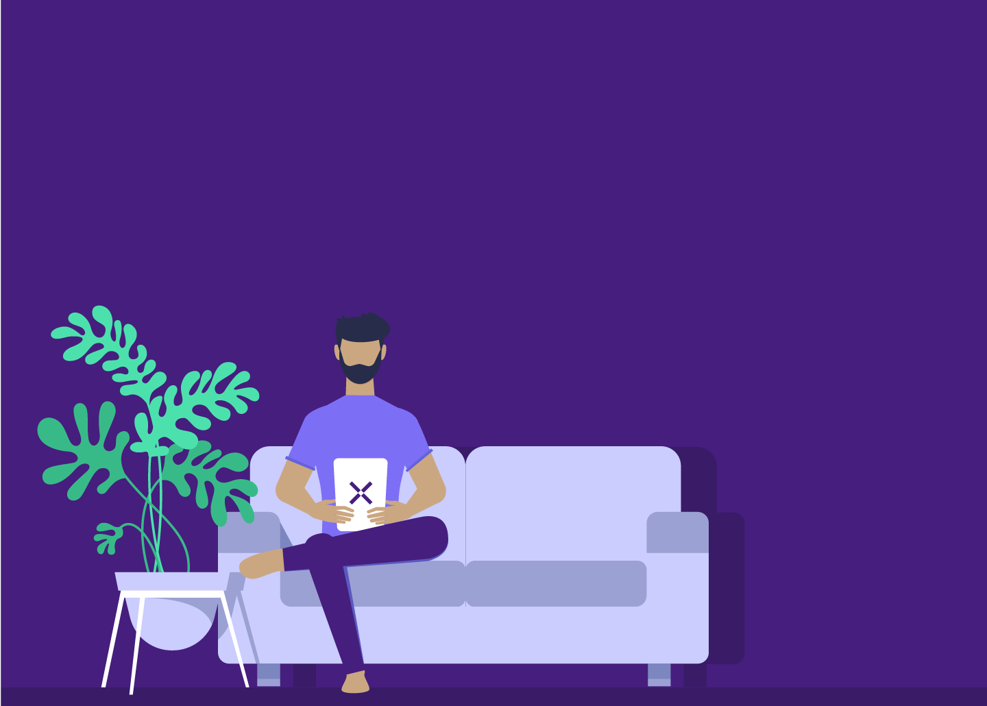 Illustration of a man sitting on the couch and reading from a tablet