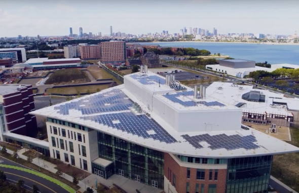Solar panels on rooftop of building at UMass Boston's campus
