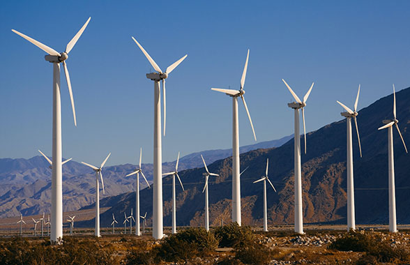 renewable energy wind farm and mountains