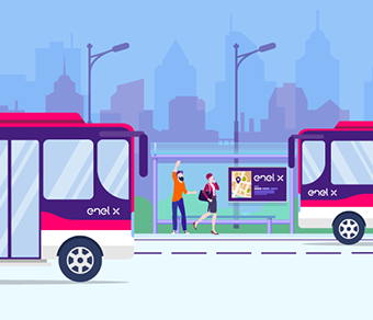 Illustration of electric buses at Enel X bus stop