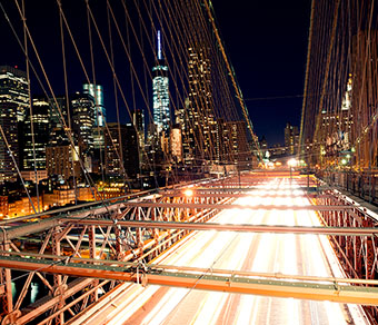 view of New York City from the Brooklyn Bridge