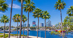 Long Beach waterfront with skyline and harbor, CA