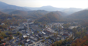 aerial photo of Gatlinburg, TN and Smoky Mountains