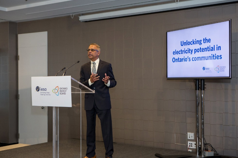 Surya Panditi, Head of Enel X North America, speaks at the Independent Electricity System Operator (IESO)’s Grid Innovation Fund (GIF) press conference in Toronto, Canada.