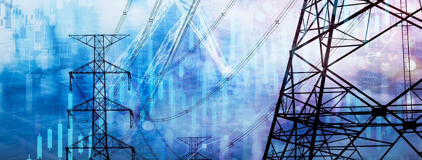 Power lines with industrial pipes in the foreground