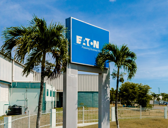 Sign at entrance of Eaton facility in Puerto Rico